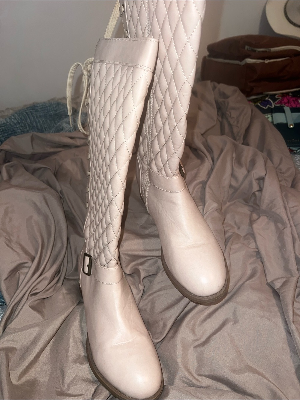 Shoedazzle Quilted Over-the-Knee Boots cream